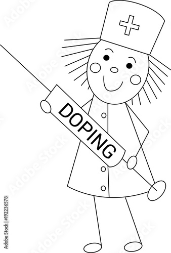Nurse with doping syringe. Line style. Icon. Logo.