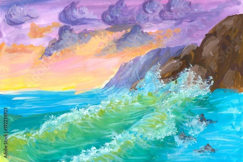 Watercolor seascape, rocks in the sea shore. hand drawn illustration landscape. Watercolor painting colorful waves and clouds sky. Gouache paint child, kids drawing.