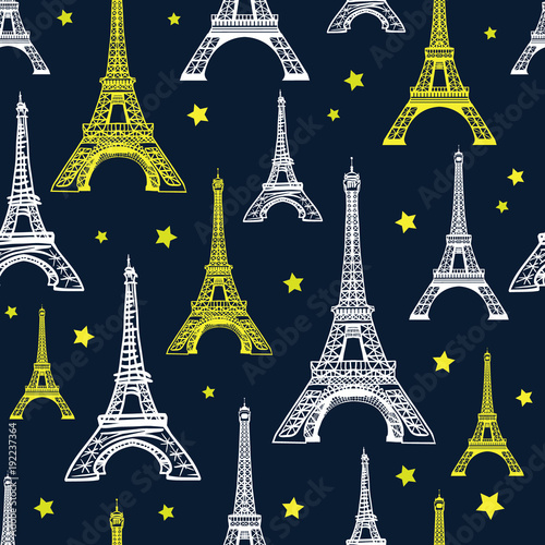 Vector Black, White, and Yellow Eiffel Tower Seamless Pattern. French vector background. Vintage fabric design in pastel colors