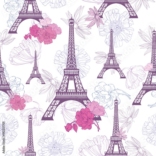 Vector Purple Pink Eifel Tower Paris and Roses Flowers Seamless Repeat Pattern. Perfect for travel themed postcards, greeting cards, wedding invitations.