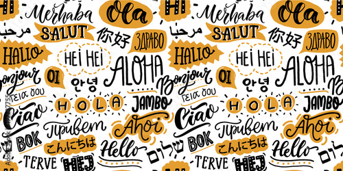 Text seamless pattern with word hello in different languages. French bonjur and salut, spanish hola, japanese konnichiwa, chinese nihao and other greetings. Handwritten background for hotels and