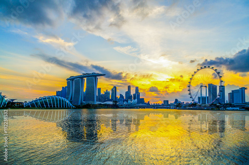 SINGAPORE CITY, SINGAPORE: Feb 2,2018: Singapore Skyline. Singapore`s business district, marina bay sand and the garden by the bay on sunrise