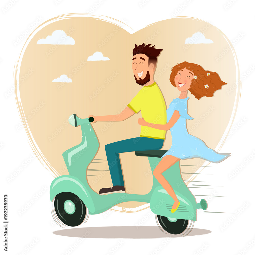 Happy man and woman in love riding a scooter.