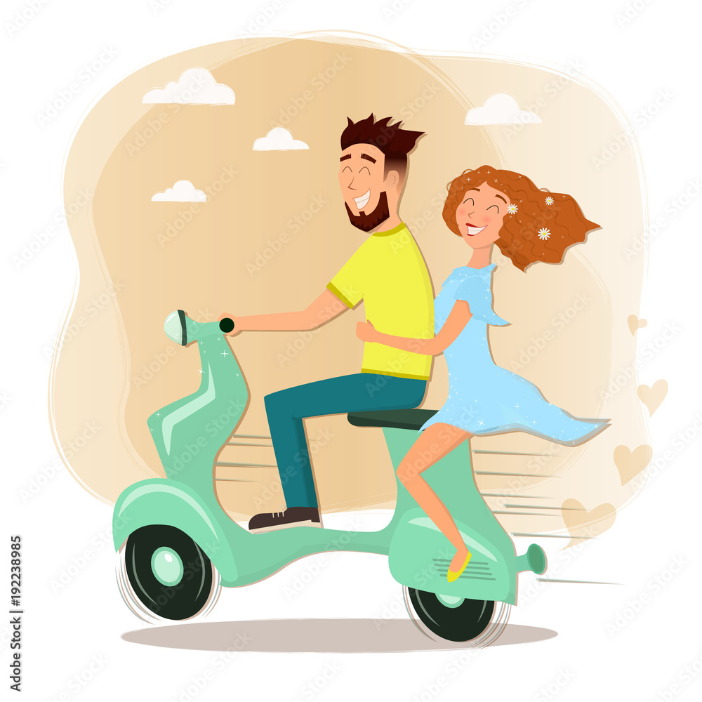 Happy man and woman in love riding a scooter.