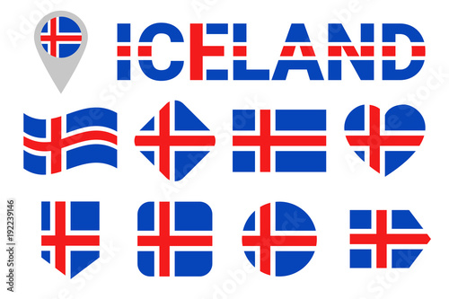 Iceland flag vector set. Collection of Icelandic national flags. Flat isolated icons. Country name in traditional colors. Web, sports pages, travel, geographic, cartographic design elements