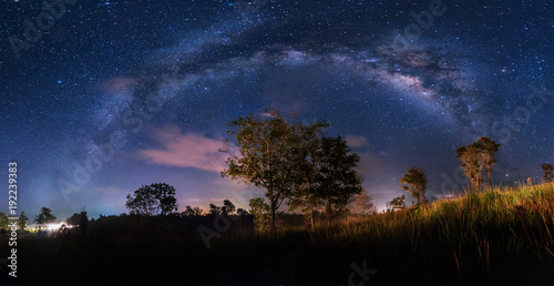 Stitched Panorama starry night sky with milky way. image contain soft focus, blur and noise due to long expose and high iso.