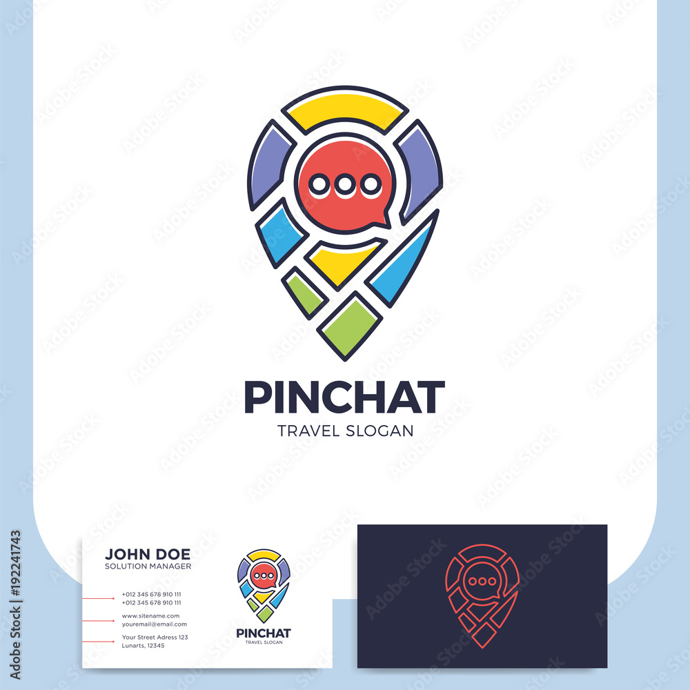 Chat bubble pin with map icon logo