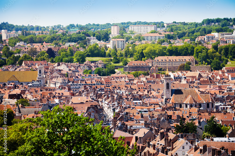 Besancon cityscape with tiled roofs of old houses