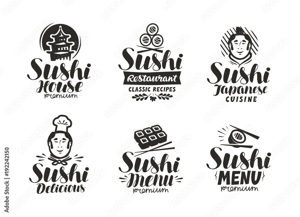 Sushi and Rolls logo or label. Japanese fast food, sashimi symbol. Typography vector illustration