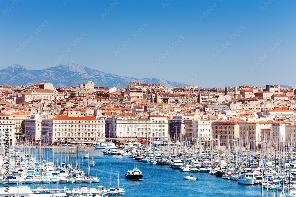 Summer view of the Old port in Marseille, France