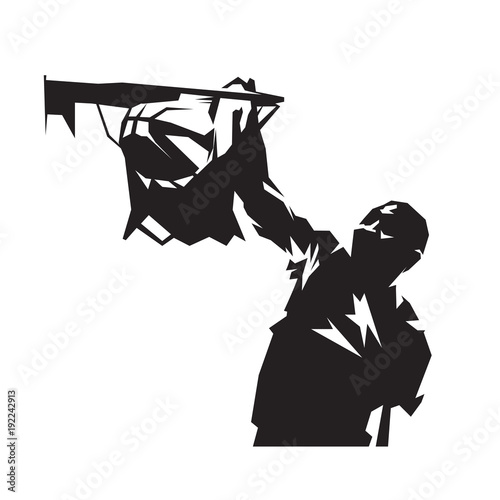Basketball player dunking ball, isolated vector silhouette