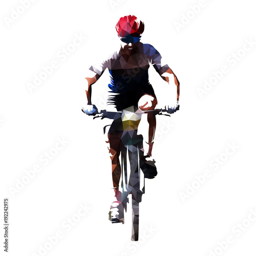 Cycling, polygonal vector mountain biker cyclist on his bike, front view