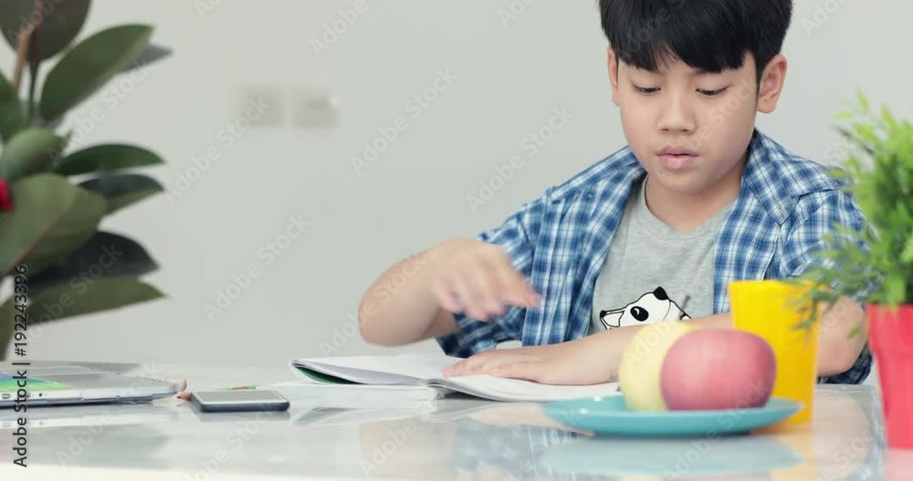 Little asian pre teen doing homework at home with smile face Little asian pre teen doing homework at home with smile face