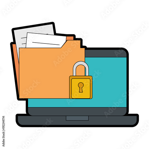 laptop computer with folder and padlock vector illustration design