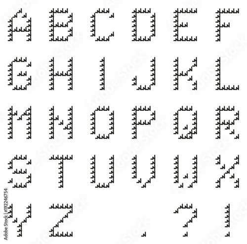 Isolated black pixel alphabet made of black lines (with punctuation) made by hand; unusual and trendy