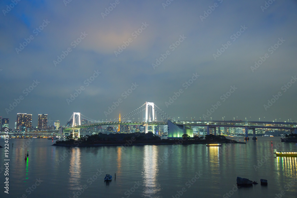 Rainbow bridge in twilight at odaiba Japan