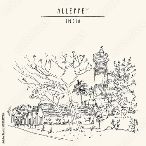 Lighthouse in Alleppey (Alappuzha). Historic warehouse buildings. Kerala, India. Vintage travel landscape drawing. Travel sketch. Vintage touristic postcard. Vector illustration