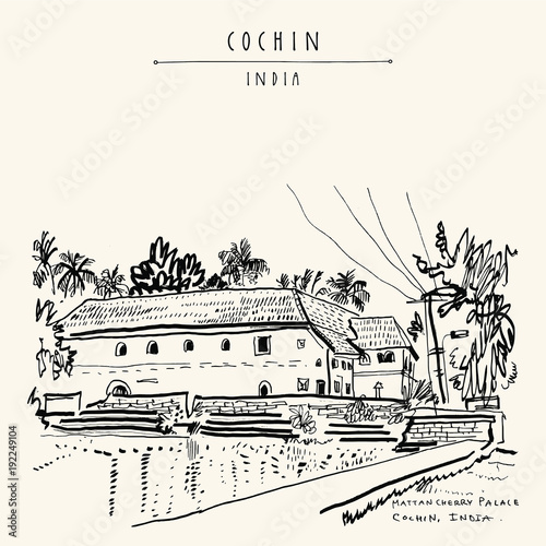 Mattancherry Palace (Portuguese Palace, Dutch Palace) in Cochin (Kochi), Kerala, India. Heritage colonial building with Portuguese and Dutch history. Famous historical landmark. Vector hand drawn trav