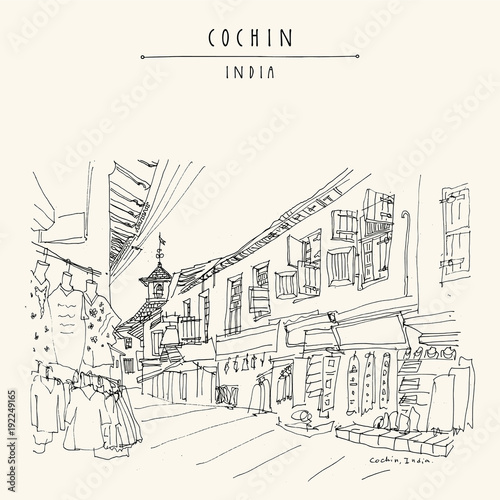 Paradesi synagogue and Market street in Cochin (Kochi), Kerlala, India. Jew Town. Heritage building. Famous historical and religious landmark. Vector hand drawn travel postcard