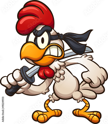 Cartoon ninja chicken with a sword. Vector clip art illustration with simple gradients. All in a single layer. 