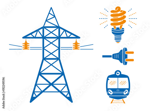 High voltage power line transmission tower or pylon, energy saving light bulb or lamp, AC plug, subway or EMU train. Electricity icons set isolated.