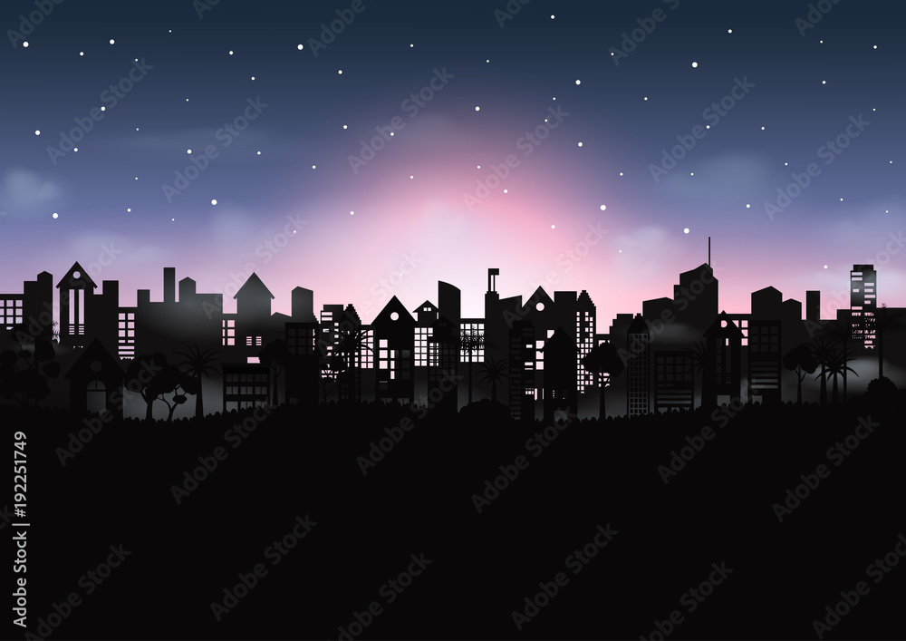 Silhouette of beautiful night cityscape abstract background.Nature landscape scene concept flat design.Vector illustration.