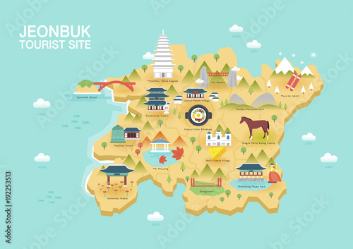 Illustration of vector flat design postcard with famous Korea landmarks icons on the map