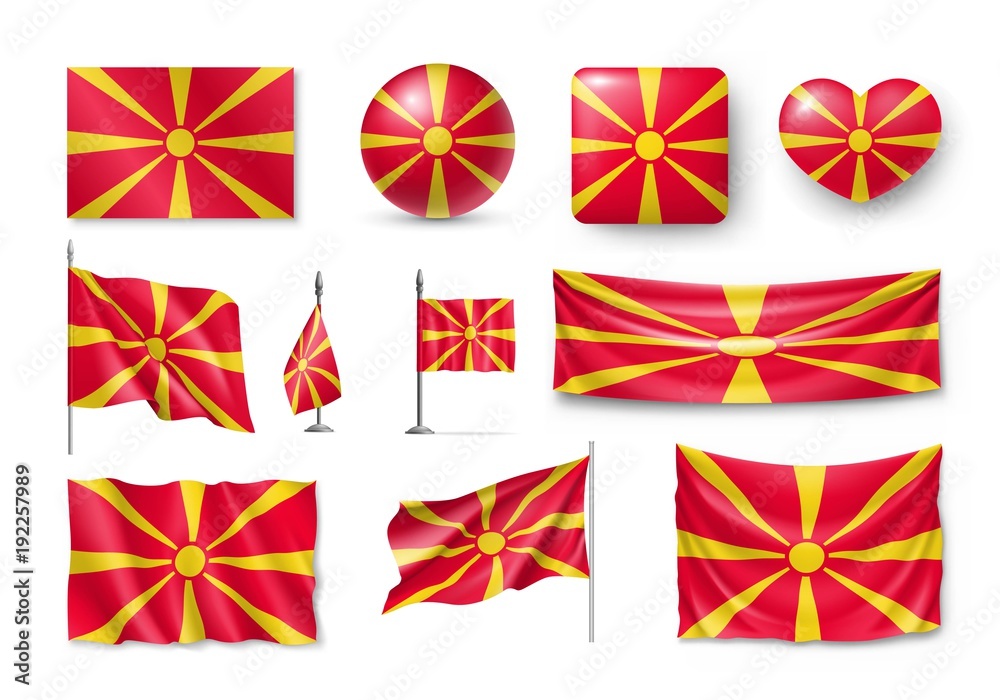 Set Macedonia flags, banners, banners, symbols, flat icon. Vector illustration of collection of national symbols on various objects and state signs
