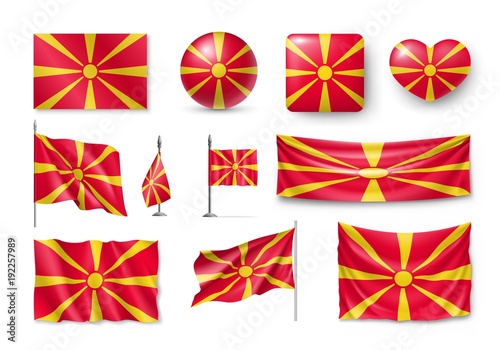 Set Macedonia flags, banners, banners, symbols, flat icon. Vector illustration of collection of national symbols on various objects and state signs