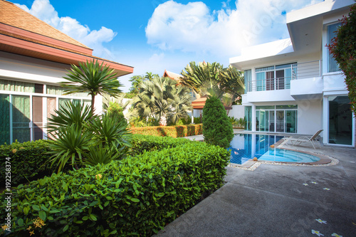 Interior and exterior design of pool villa with swimming pool