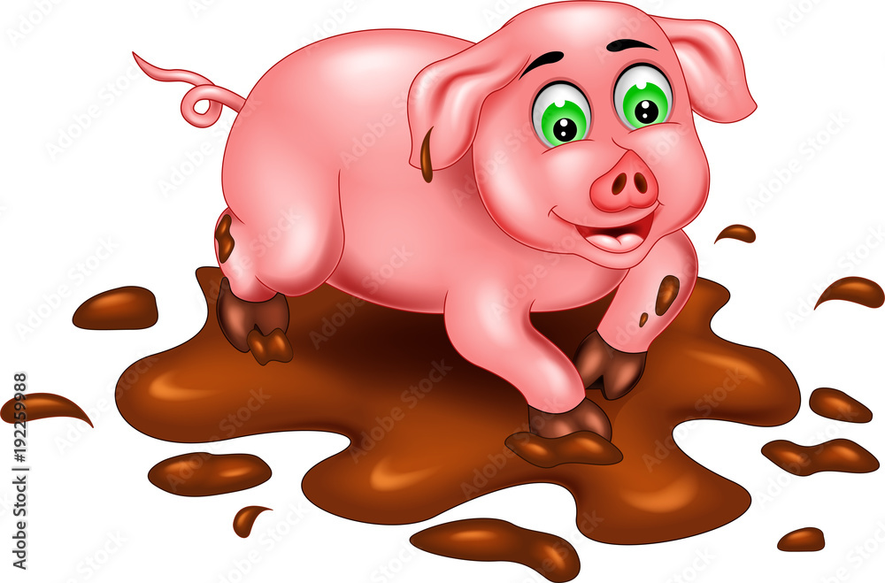 Fototapeta premium cute pig cartoon play on mud with smile