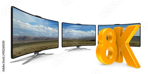 8K TV on white background. ...