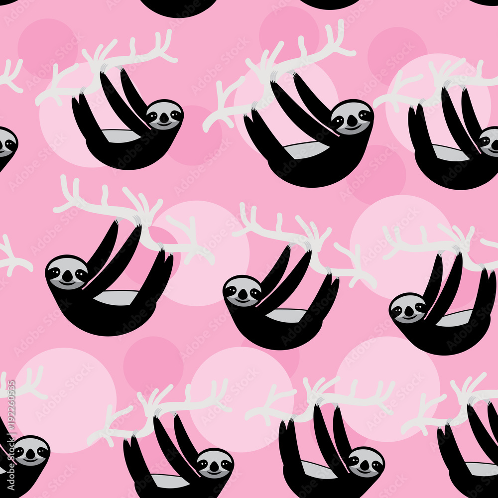 seamless pattern funny and cute smiling Three-toed sloth on grey branch tree creeper, pink trendy background. Vector seamless pattern funny and cute smiling Three-toed sloth on grey branch tree creeper, pink trendy background. Vector