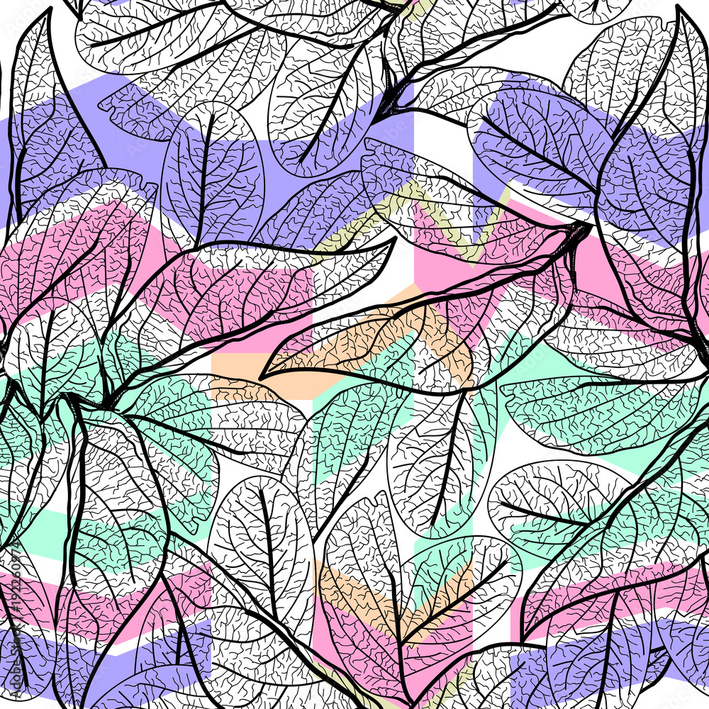 Leaves black contours, bright blue lilac purple green modern trendy background. floral seamless pattern, hand-drawn. Geometric abstract background for site, blog, fabric. Vector