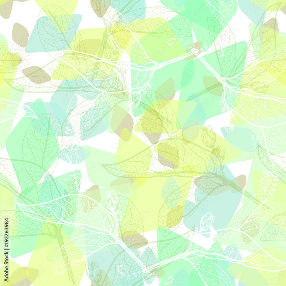 Leaves contours, bright turquoise green yelow modern trendy floral seamless pattern, hand-drawn. Geometric abstract background for site, blog, fabric. Vector