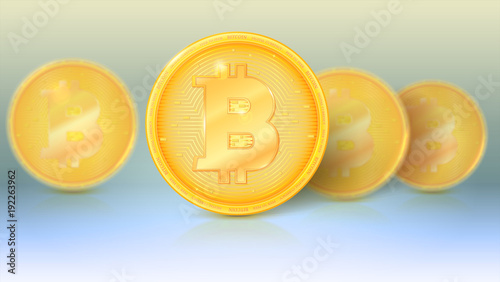 Several coins of virtual currency Bitcoin with glare and reflections. Icon, golden money of bitcoin with blur and soft focus. Symbol of technology, crypto currency. Template for poster.