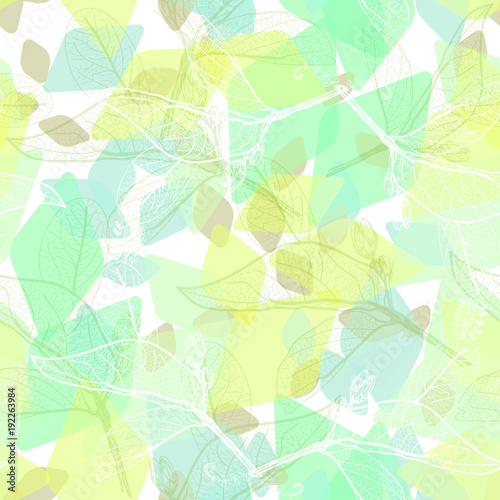 Leaves contours  bright turquoise green yelow modern trendy floral seamless pattern  hand-drawn. Geometric abstract background for site  blog  fabric. Vector