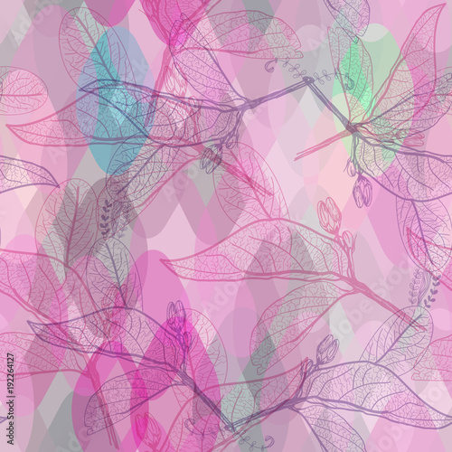 Leaves contours  bright pink purple lilac green modern trendy floral seamless pattern  hand-drawn. abstract background for site  blog  fabric. decorative contemporary elements. gold print. Vector