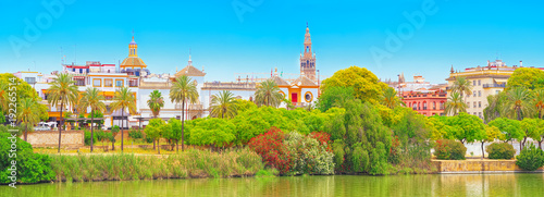 View on downtown of Seville and Guadalquivir River Promenade.