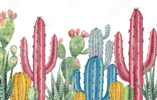 Obraz na płótnie Akwarela wektor banner kaktusów i sukulentów na białym tle.