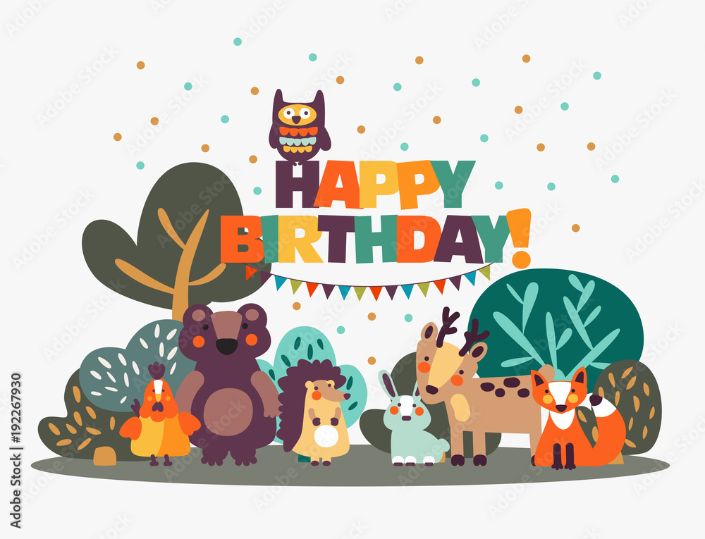 Happy birthday - lovely vector card with funny cute animals and garlands Happy birthday - lovely vector card with funny cute animals and garlands