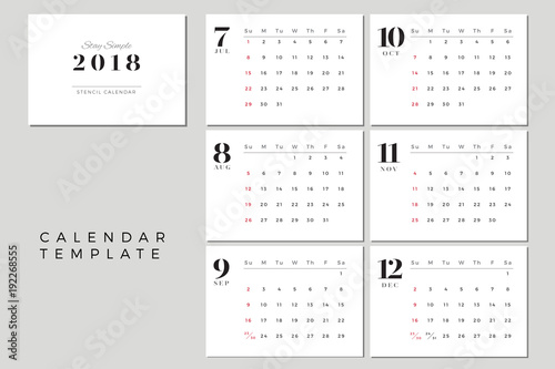 2018 Vector Calendar Template July to December  2018 Simple Planner  New Year Schedule Calendar  Minimal Stationery  Yearly Calendar