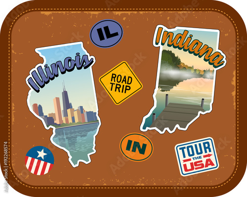 Illinois and Indiana travel stickers with scenic attractions and retro text on vintage suitcase background