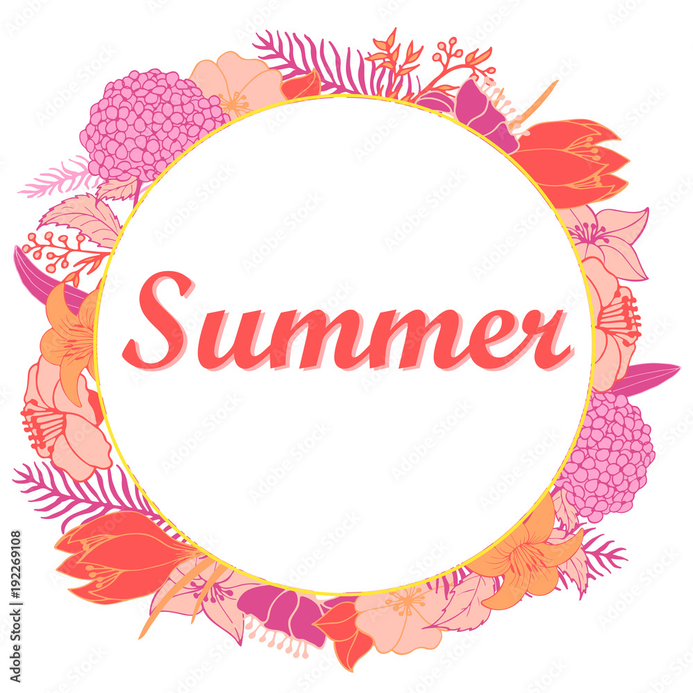 Summer illustration with bright flowers in a round on a white background.