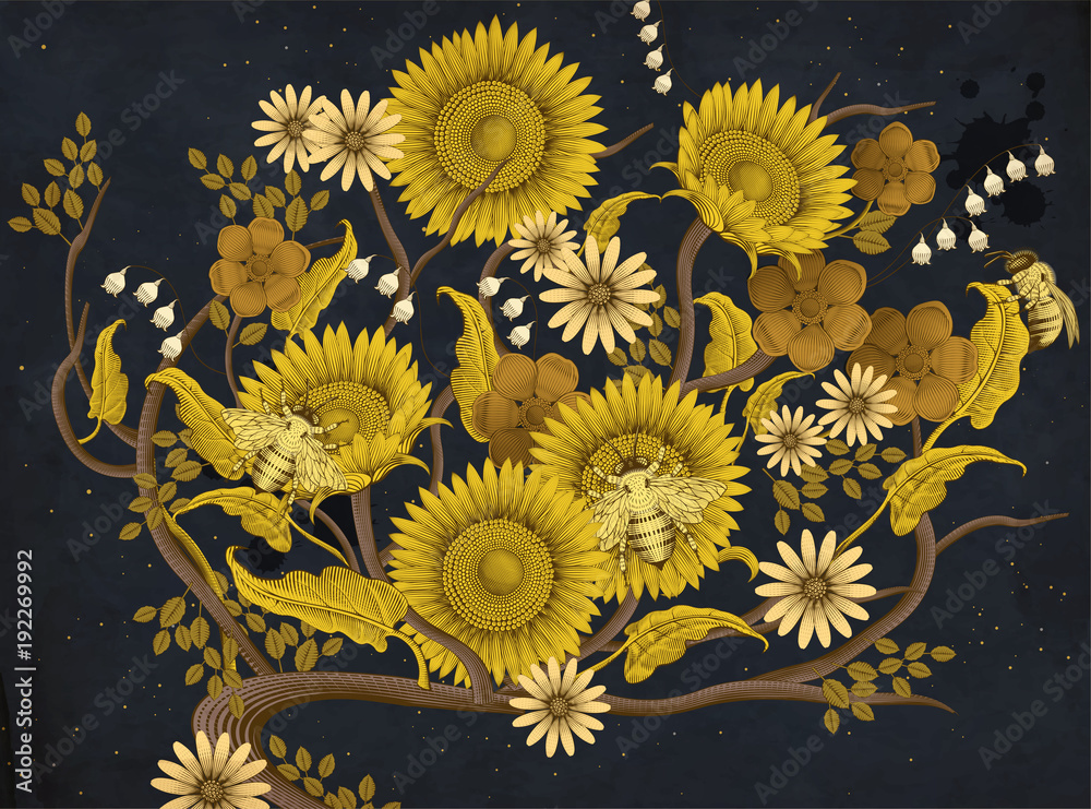 Obraz premium Honey bees and flowers background