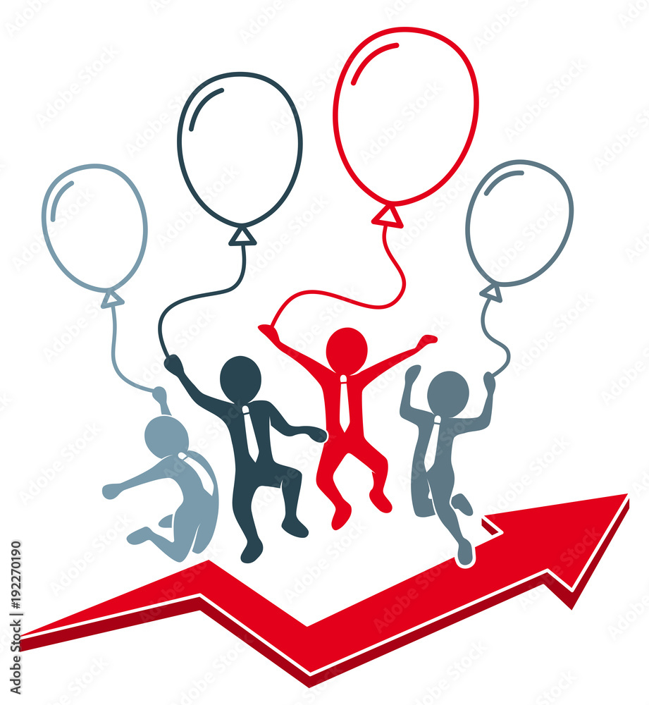 Geschäftsleute mit Ballonen beim Luftsprung und Kurs-Pfeil nach oben / Rot-Blaugrau, Flat Design