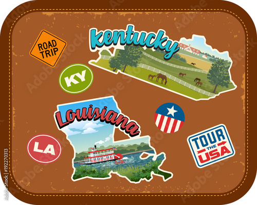 Kentucky, Louisiana travel stickers with scenic attractions and retro text on vintage suitcase background