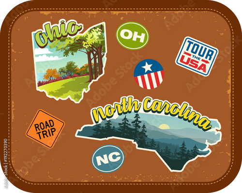 Ohio, North Carolina travel stickers with scenic attractions and retro text on vintage suitcase background