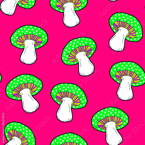 Crazy acid mushrooms seamless pattern.