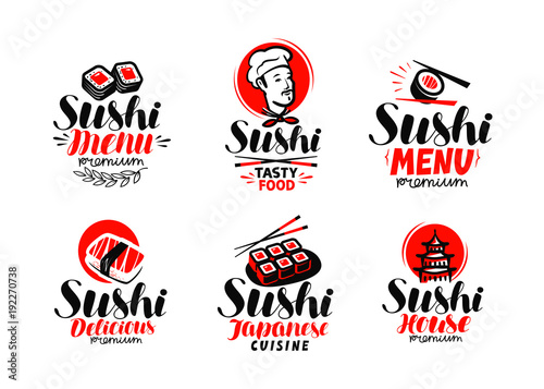 Sashimi, sushi, logo or label set. Japanese cuisine, healthy food typography. Lettering vector illustration